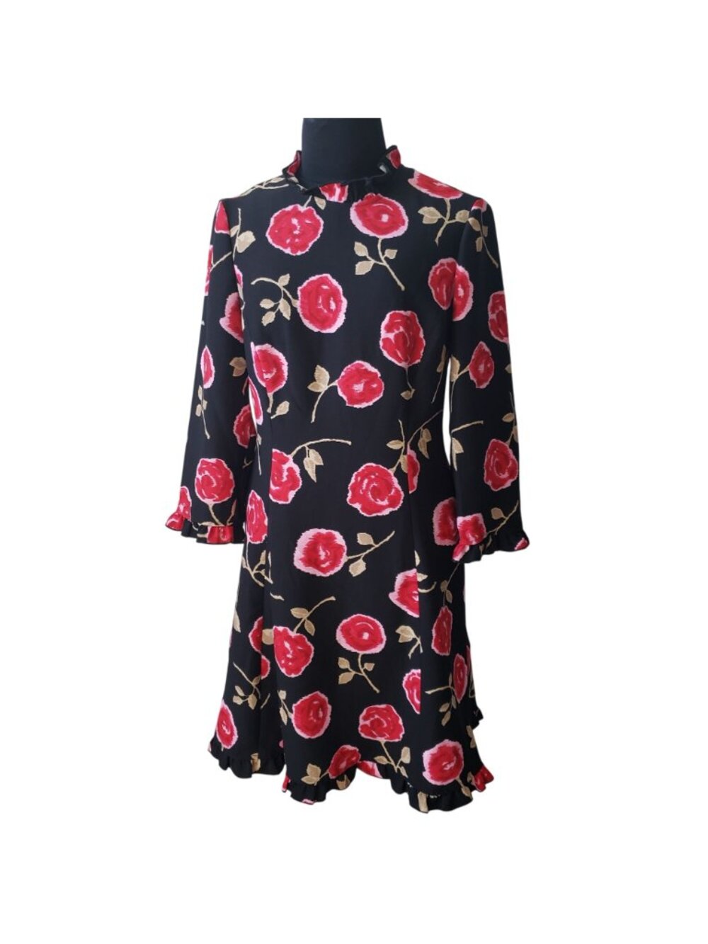 Kate Spade Black Pink Rose Floral Midi Ruffle Hem Dress Modest Career Feminine - Picture 7 of 14